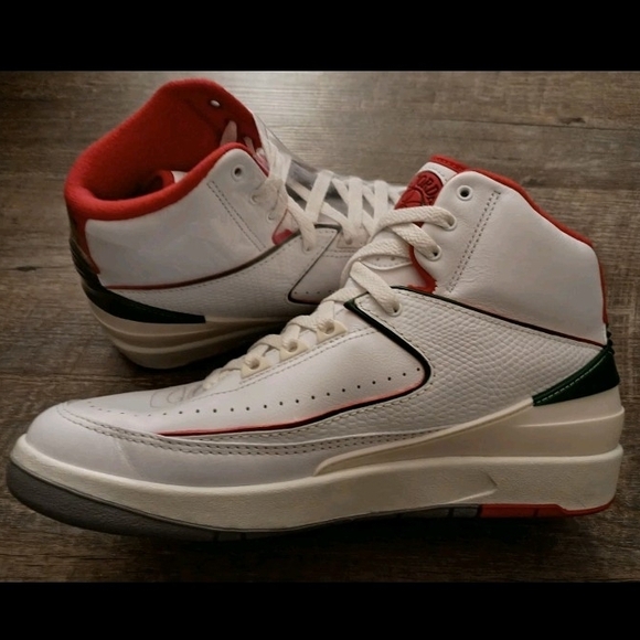 Jordan White and Red Sneakers with Green Accents - Picture 2 of 5